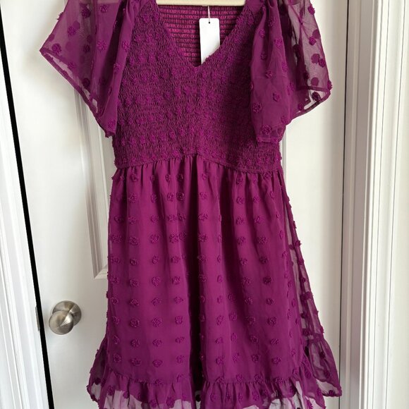 Womens Smocked Short Sleeve V Neck Mini Dress Summer Swiss Dot Flowy Short Dress - Picture 3 of 4